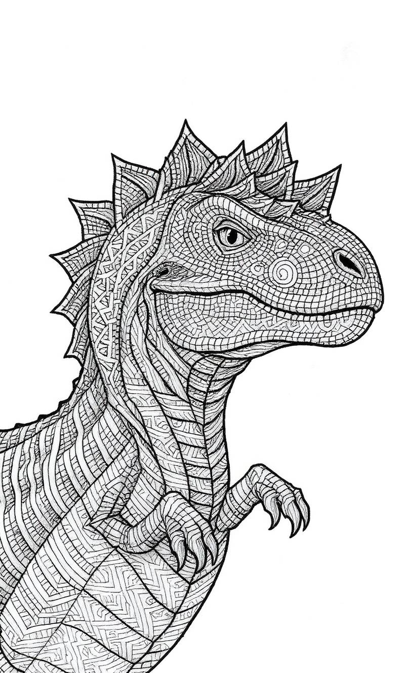 Dibujo lineal en blanco y negro de un T-Rex cubierto de mosaicos detallados y patrones geométricos para colorear.