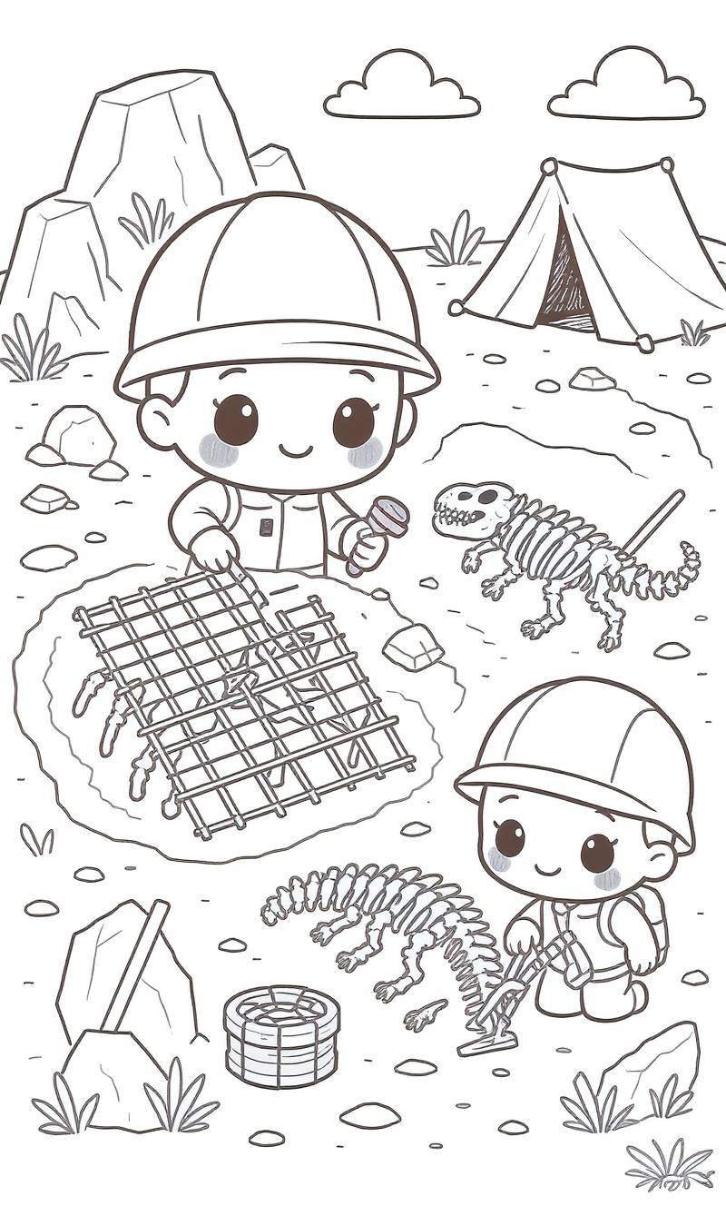 Página para colorear en blanco y negro de dos niños con cascos excavando huesos de dinosaurio en un sitio de excavación, con una tienda de campaña y un fondo rocoso.