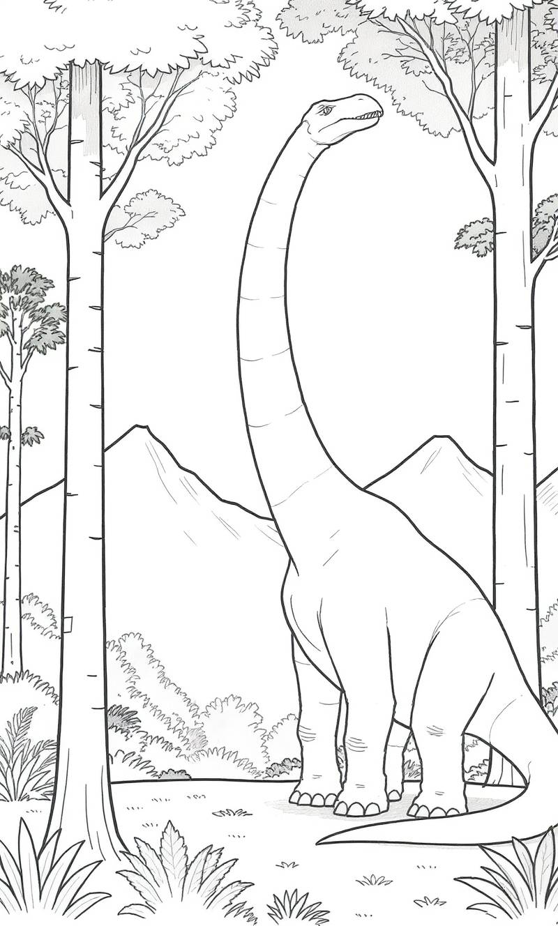 Dibujo lineal de un dinosaurio de cuello largo de pie entre árboles altos con montañas de fondo, listo para colorear.