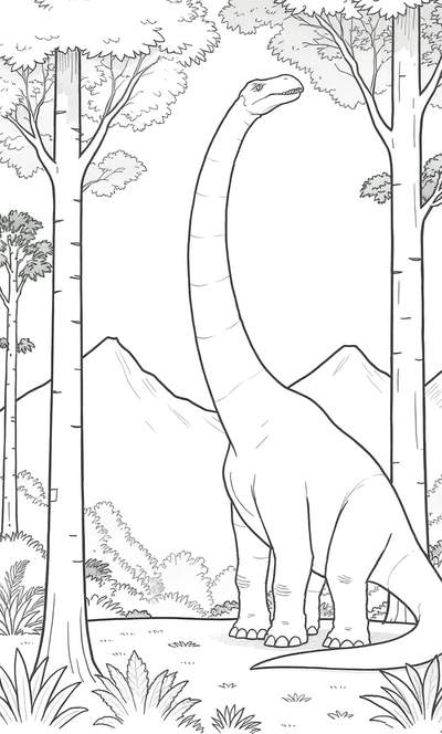 Dibujo lineal de un dinosaurio de cuello largo de pie entre árboles altos con montañas de fondo, listo para colorear.
