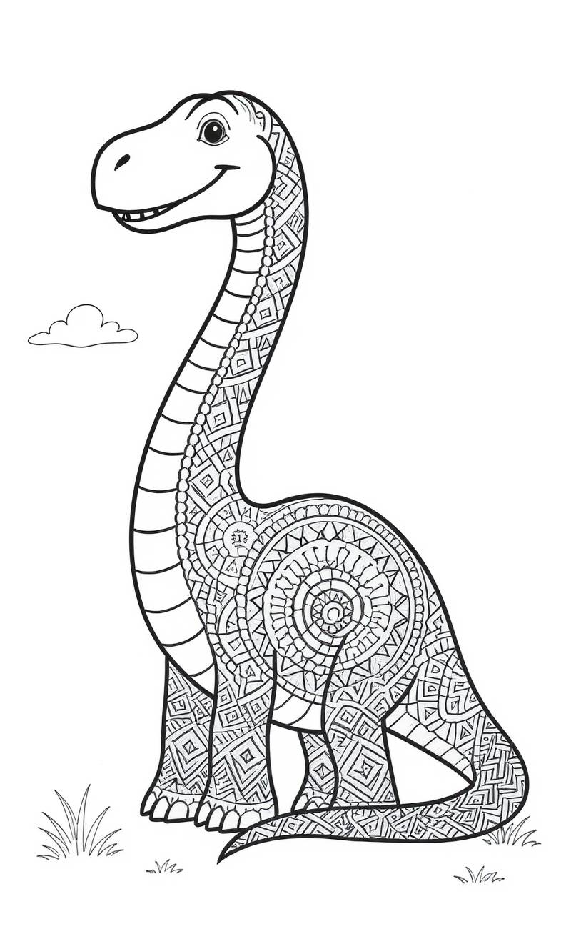 Dibujo lineal en blanco y negro de un dinosaurio sonriente de cuello largo, cubierto de motivos mandálicos y geométricos, de pie sobre la hierba bajo una pequeña nube.