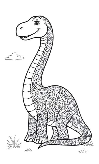 Dibujo lineal en blanco y negro de un dinosaurio sonriente de cuello largo, cubierto de motivos mandálicos y geométricos, de pie sobre la hierba bajo una pequeña nube.