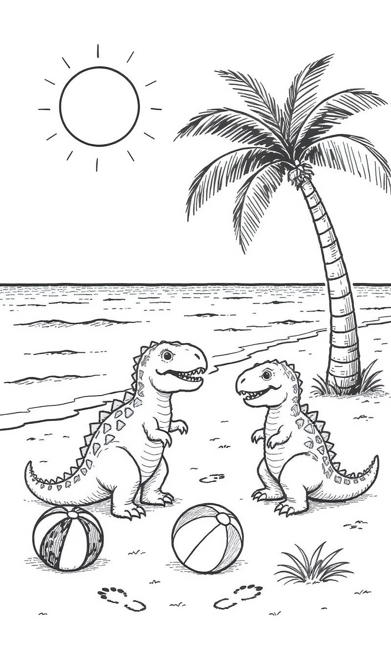 Dibujo lineal en blanco y negro de dos dinosaurios amigables de pie en una playa de arena bajo un sol brillante, con una palmera y pelotas de playa cerca.