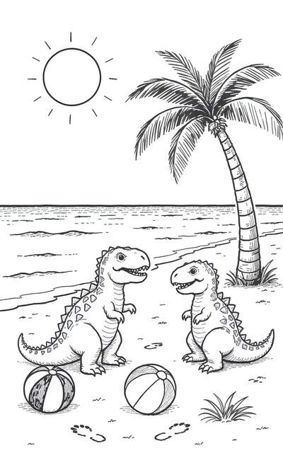 Dibujo lineal en blanco y negro de dos dinosaurios amigables de pie en una playa de arena bajo un sol brillante, con una palmera y pelotas de playa cerca.