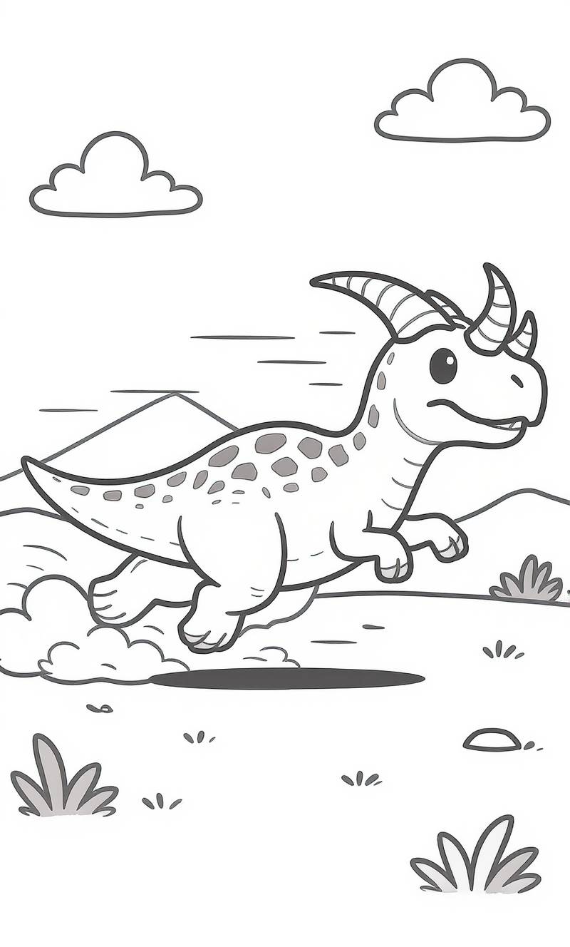 Arte lineal en blanco y negro de un dinosaurio de tres cuernos corriendo por un paisaje prehistórico con nubes, montañas y parches de hierba.