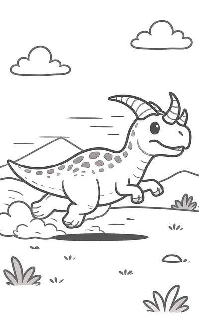 Arte lineal en blanco y negro de un dinosaurio de tres cuernos corriendo por un paisaje prehistórico con nubes, montañas y parches de hierba.