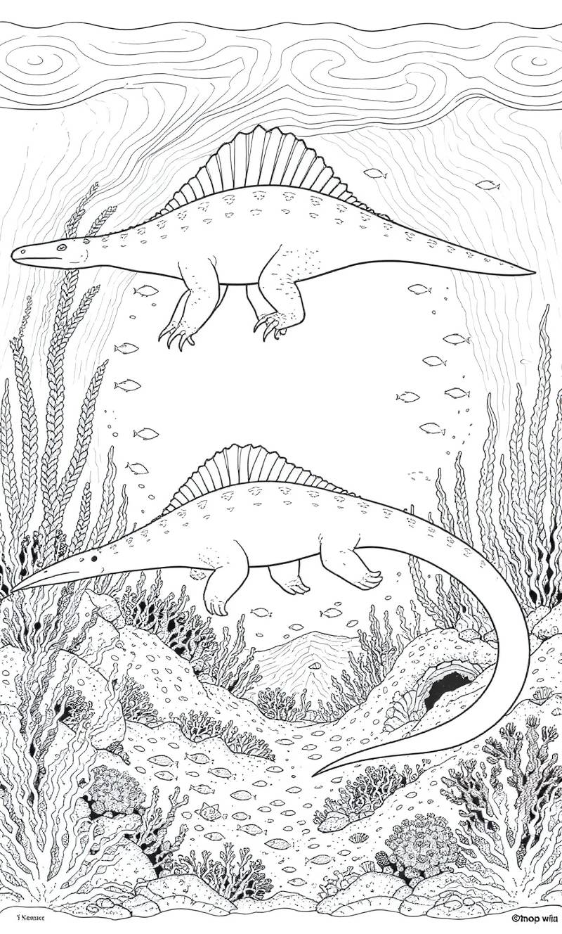 Página para colorear en blanco y negro de dos reptiles marinos parecidos a espinosaurios nadando entre corales, algas marinas y bancos de peces.