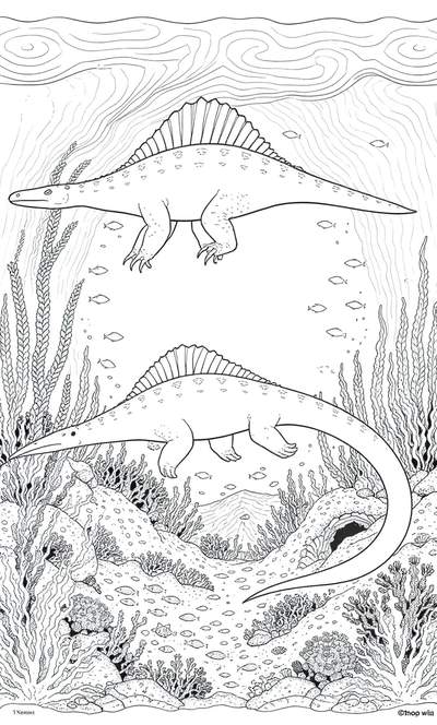 Página para colorear en blanco y negro de dos reptiles marinos parecidos a espinosaurios nadando entre corales, algas marinas y bancos de peces.
