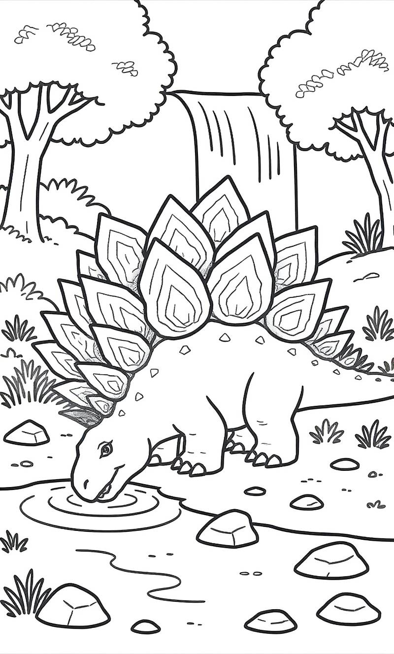 Dibujo lineal de un estegosaurio bebiendo de un estanque con árboles y una cascada en el fondo.