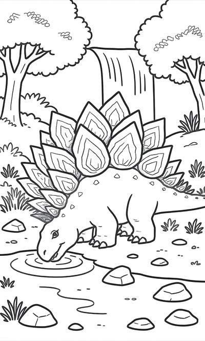 Dibujo lineal de un estegosaurio bebiendo de un estanque con árboles y una cascada en el fondo.