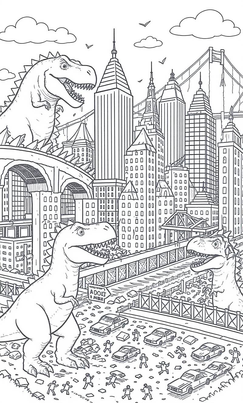 Dibujo lineal en blanco y negro de dos dinosaurios Tyrannosaurus rex arrasando un paisaje urbano con rascacielos, un puente colgante, coches dispersos y peatones huyendo.