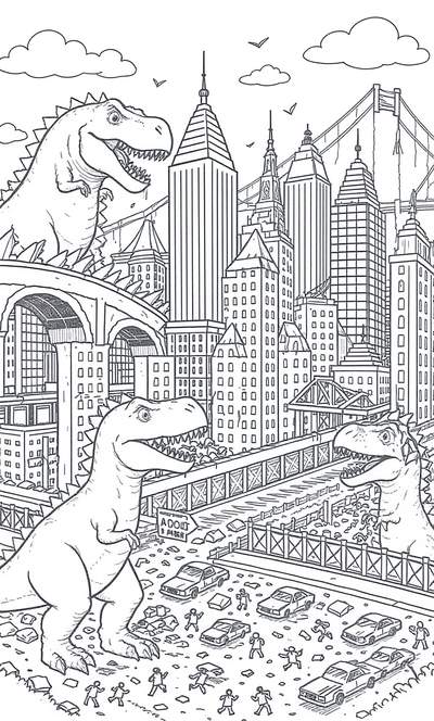 Dibujo lineal en blanco y negro de dos dinosaurios Tyrannosaurus rex arrasando un paisaje urbano con rascacielos, un puente colgante, coches dispersos y peatones huyendo.