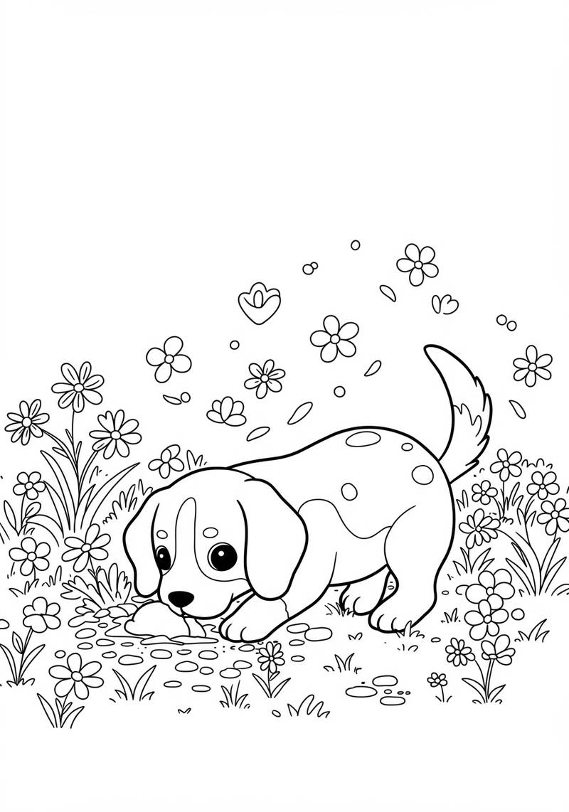 Página para colorear de un perro lindo jugando en un jardín lleno de flores.