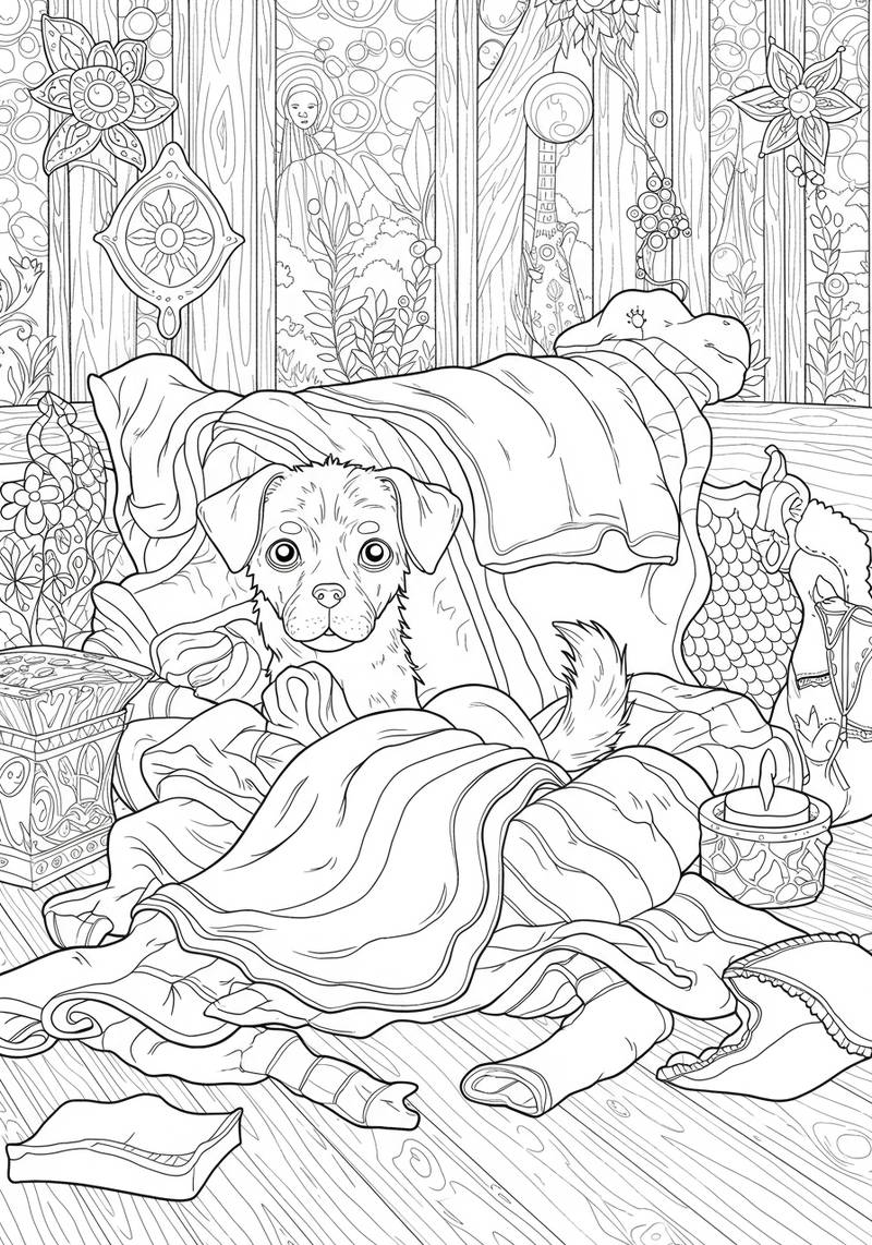 Página para colorear de un cachorro adorable acostado sobre una manta en una habitación acogedora con fondo detallado.