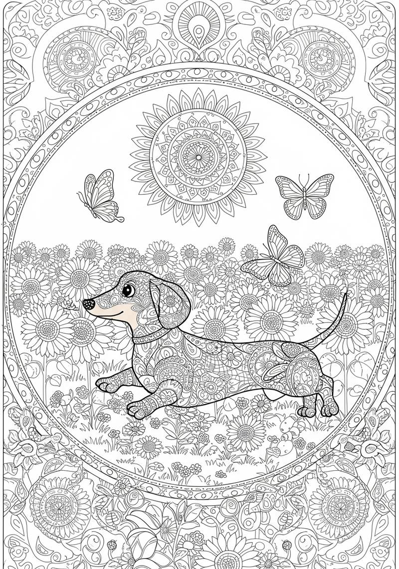 Página para colorear de un perro sentado en un campo de flores con mariposas volando por encima.