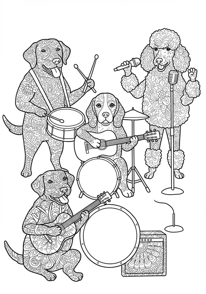 Página para colorear de tres perros tocando instrumentos musicales y cantando.