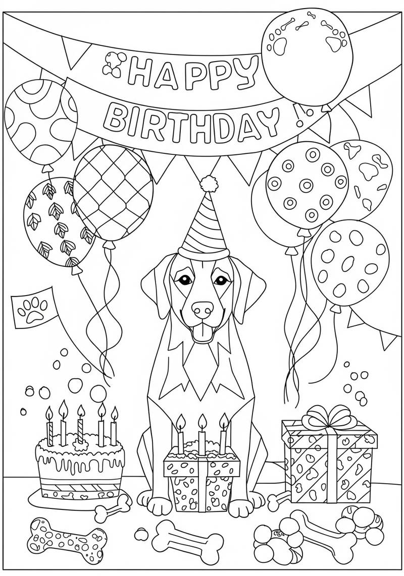Página para colorear de un perro con un sombrero de cumpleaños sentado frente a un pastel de cumpleaños, rodeado de globos y regalos.