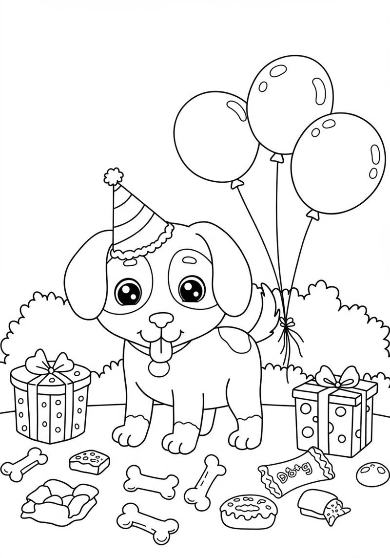 Página para colorear de un perro adorable con globos de cumpleaños, presentes y deliciosos de fiesta.