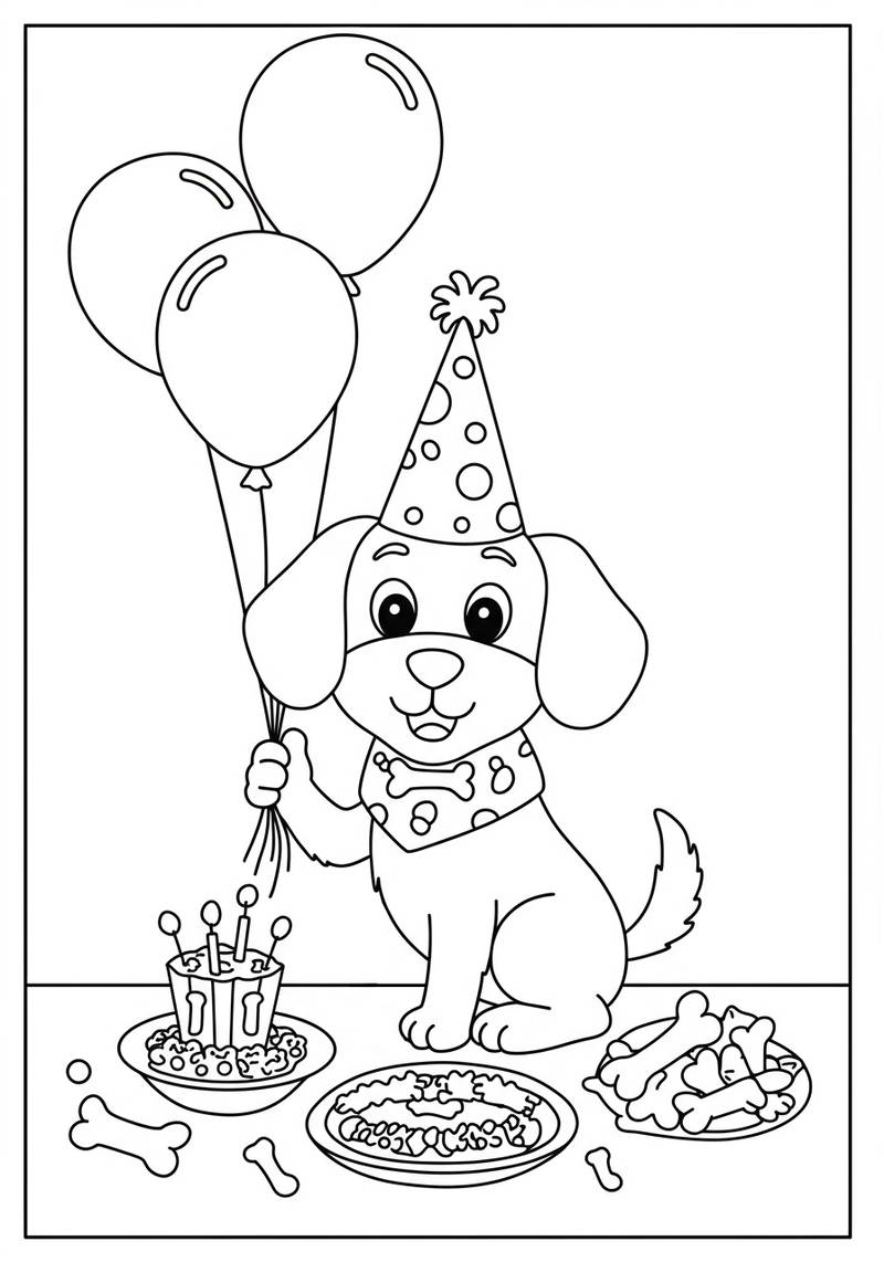 Página para colorear de un perro con gorro de fiesta, sosteniendo globos, con pastel de cumpleaños y dulces en la mesa.