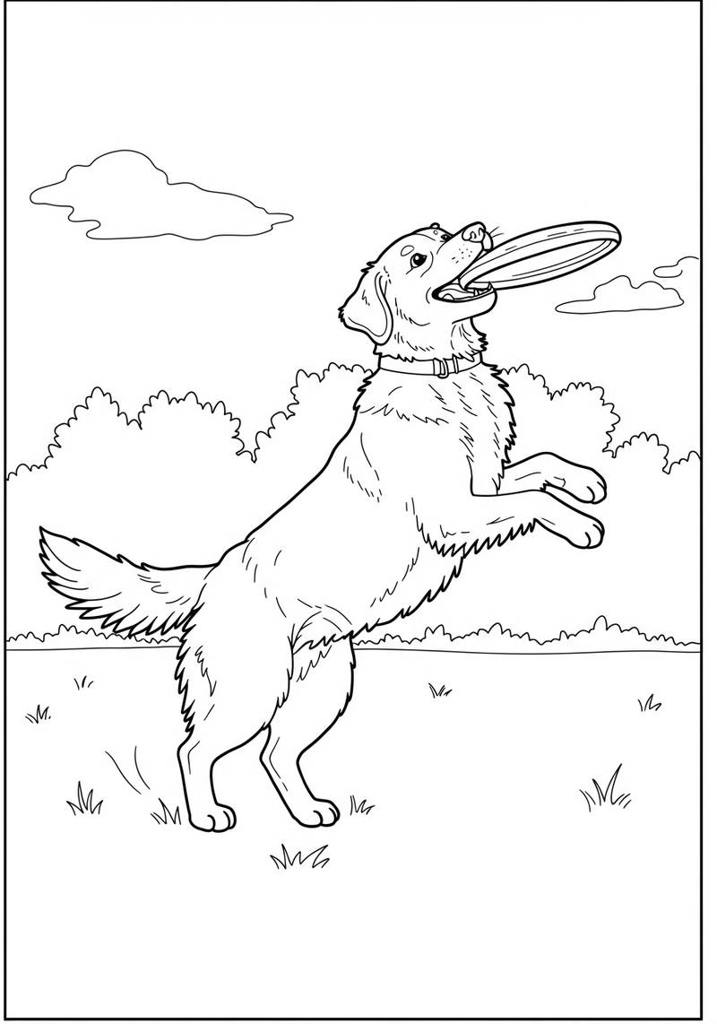 Página para colorear de un perro atrapando un frisbee en un parque.