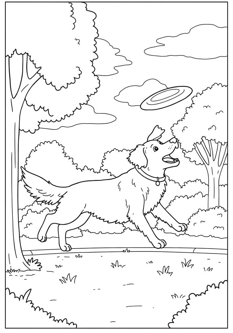 Página para colorear de un perro feliz corriendo en un parque con un frisbee en la boca.
