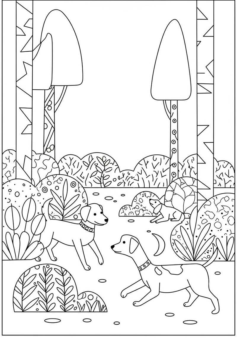 Coloring page of two dogs in a forest with trees and bushes