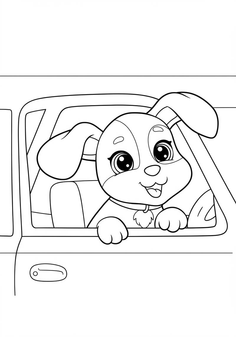 Página para colorear de un cachorro feliz mirando por la ventana del coche.