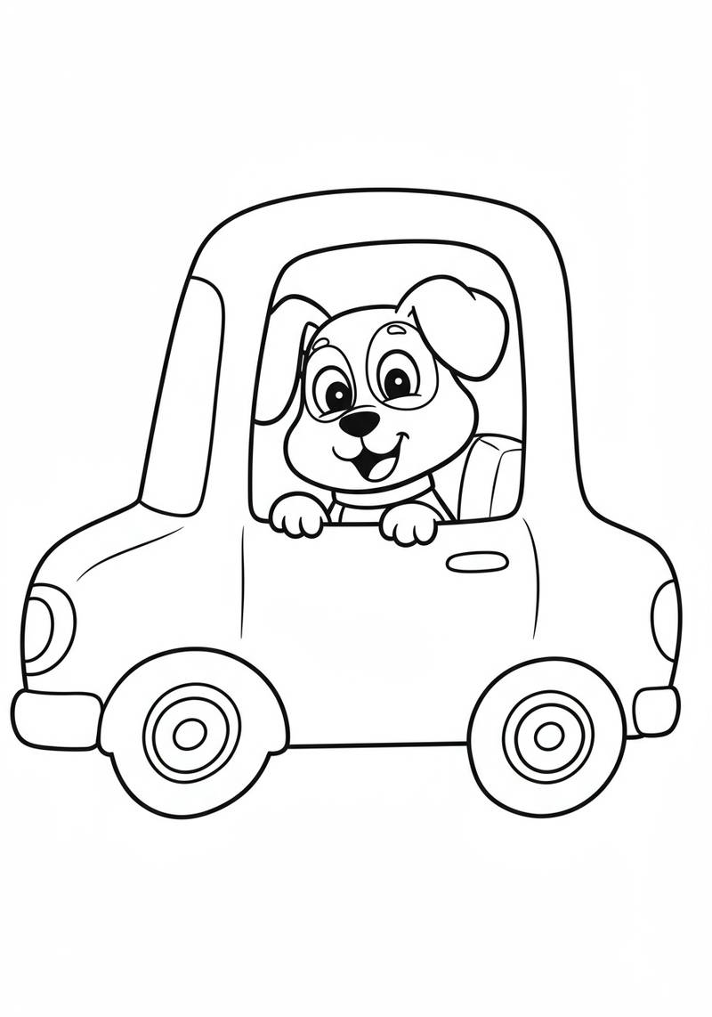 Página para colorear de un perro adorable sentado en la ventana de un coche.