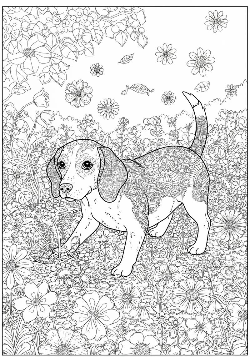 Página para colorir de um cachorro andando por um jardim exuberante cheio de flores e folhagem.