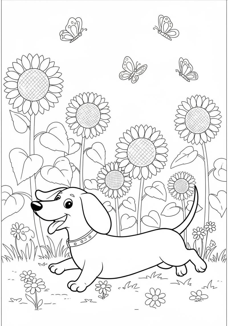 Página para colorear de un perro feliz corriendo en un campo de grandes girasoles con mariposas volando encima.