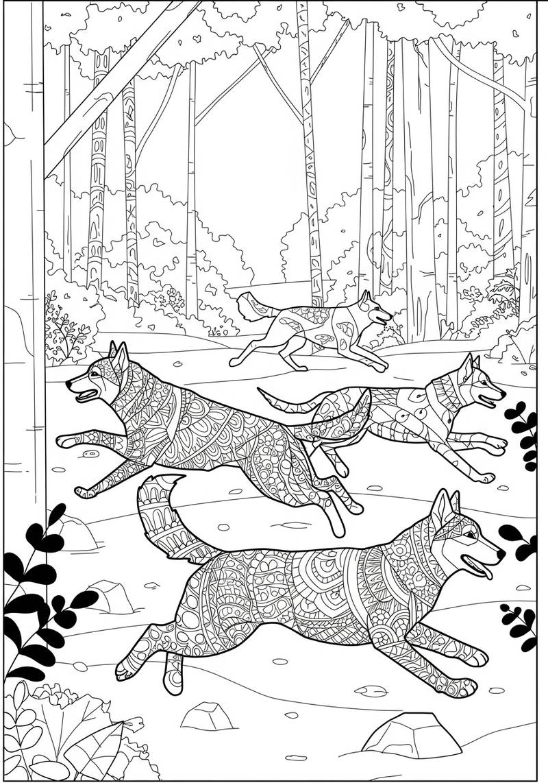 Página para colorear de cuatro perros con patrones intrincados que corren por un bosque.