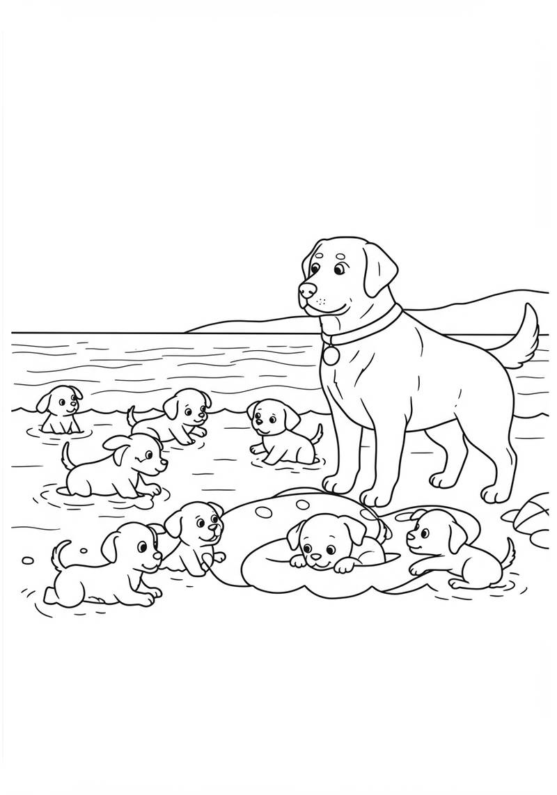Página para colorear de un perro grande con ocho cachorros jugando en el agua en la playa.