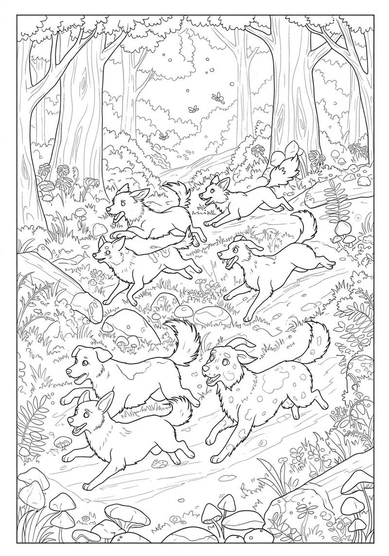 Página para colorear de varios cachorros de perro juguetones corriendo por un bosque con árboles, rocas y plantas.