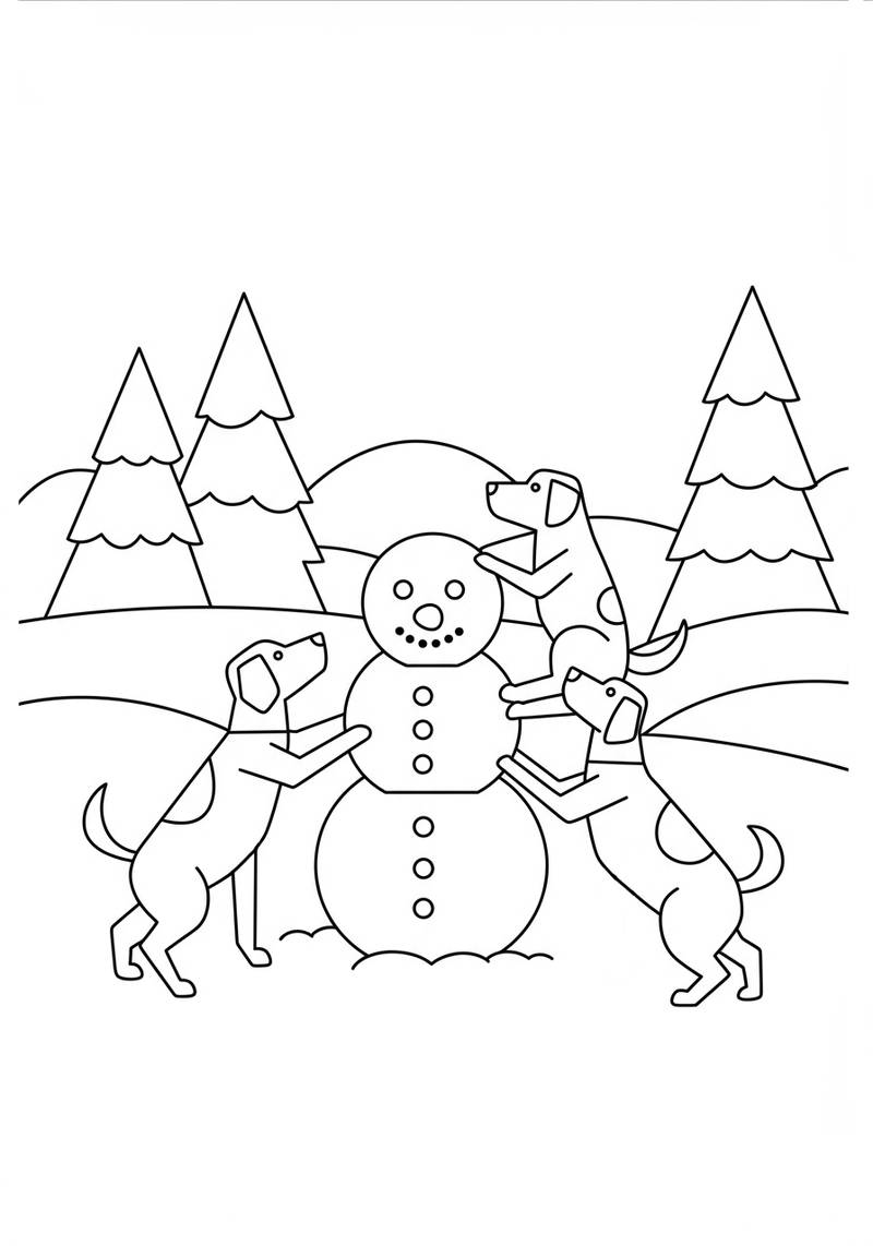 Página para colorear de tres perros construyendo y jugando con un muñeco de nieve en un paisaje invernal.