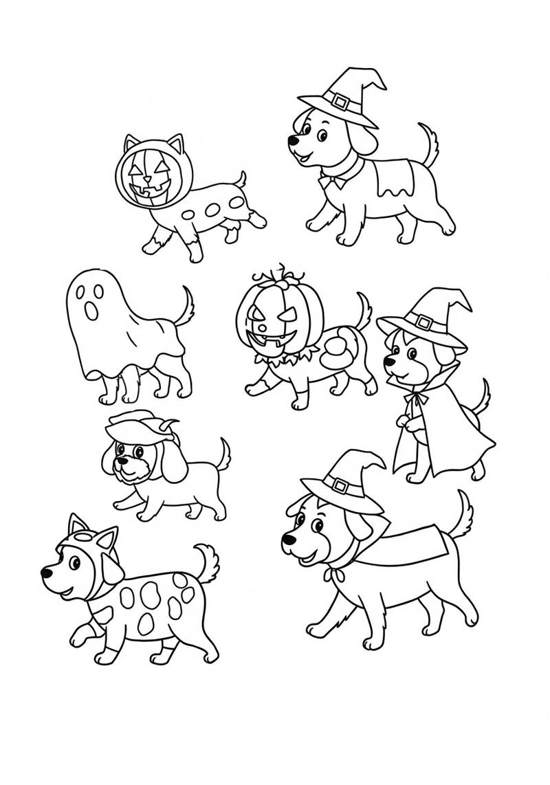 Página para colorear de varios perros adorables disfrazados de brujas y calabazas.