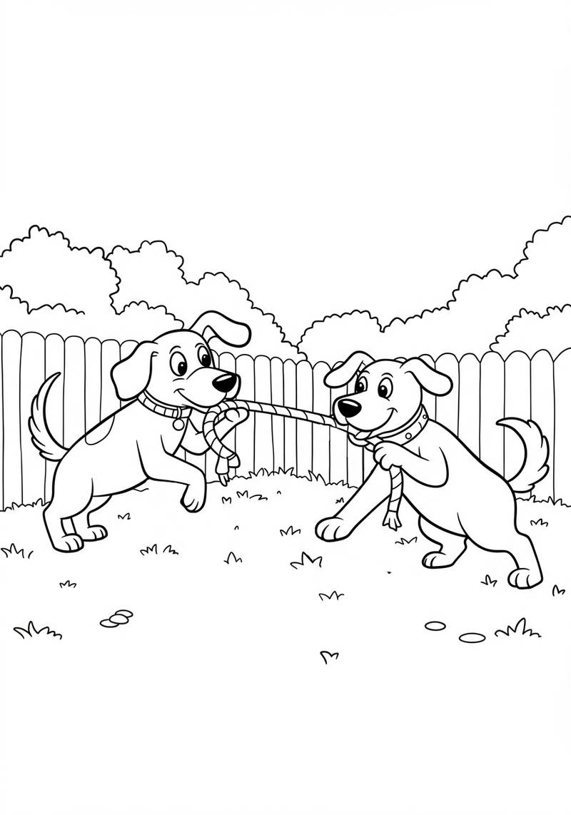 Página para colorear de dos perros juguetones jalando de una cuerda en un patio trasero.