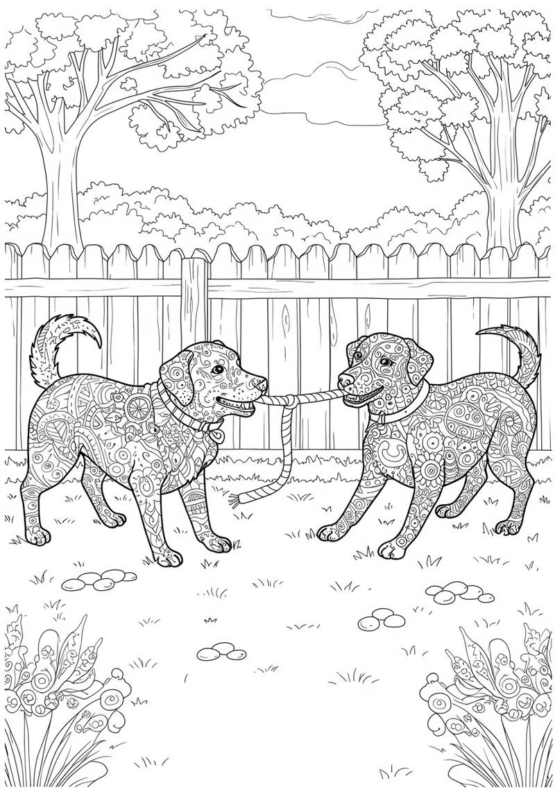 Página para colorear de dos perros jugando a tirar de la cuerda en un jardín.
