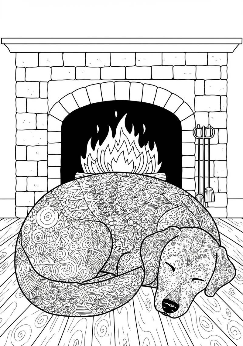 Página para colorear de un dibujo detallado de un perro durmiendo en estilo garabato, acurrucado frente a una chimenea.