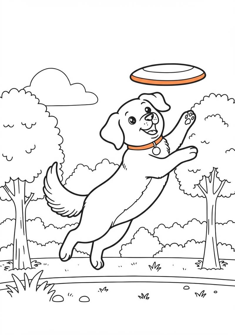 Página para colorear de un perro alegre atrapando un frisbee en un parque con árboles y nubes.