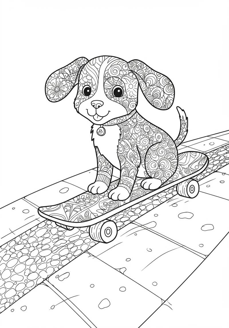 Página para colorear de un perro lindo y feliz con ojos grandes sentado en una patineta.