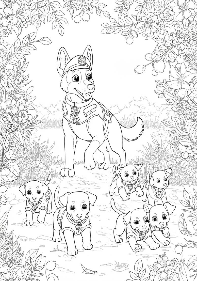 Página para colorear de un perro policía y cinco cachorros amigos en un entorno de bosque.