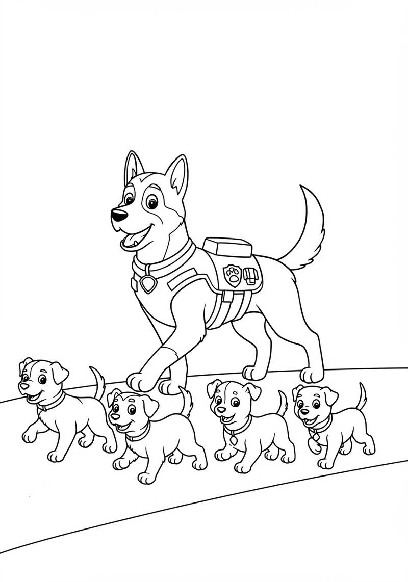 Página para colorear de un perro grande dirigiendo a un grupo de cinco cachorros pequeños, todos con expresiones felices.