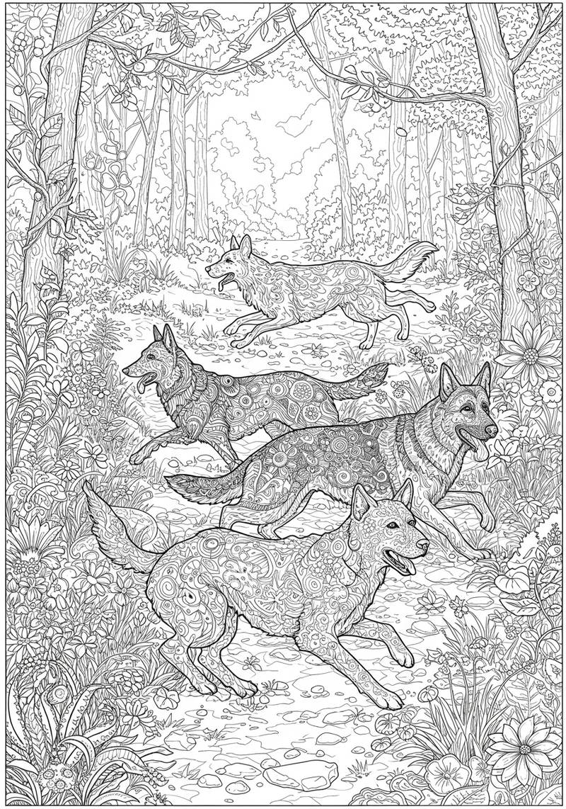 Página para colorear de cuatro perros juguetones corriendo por un bosque frondoso.