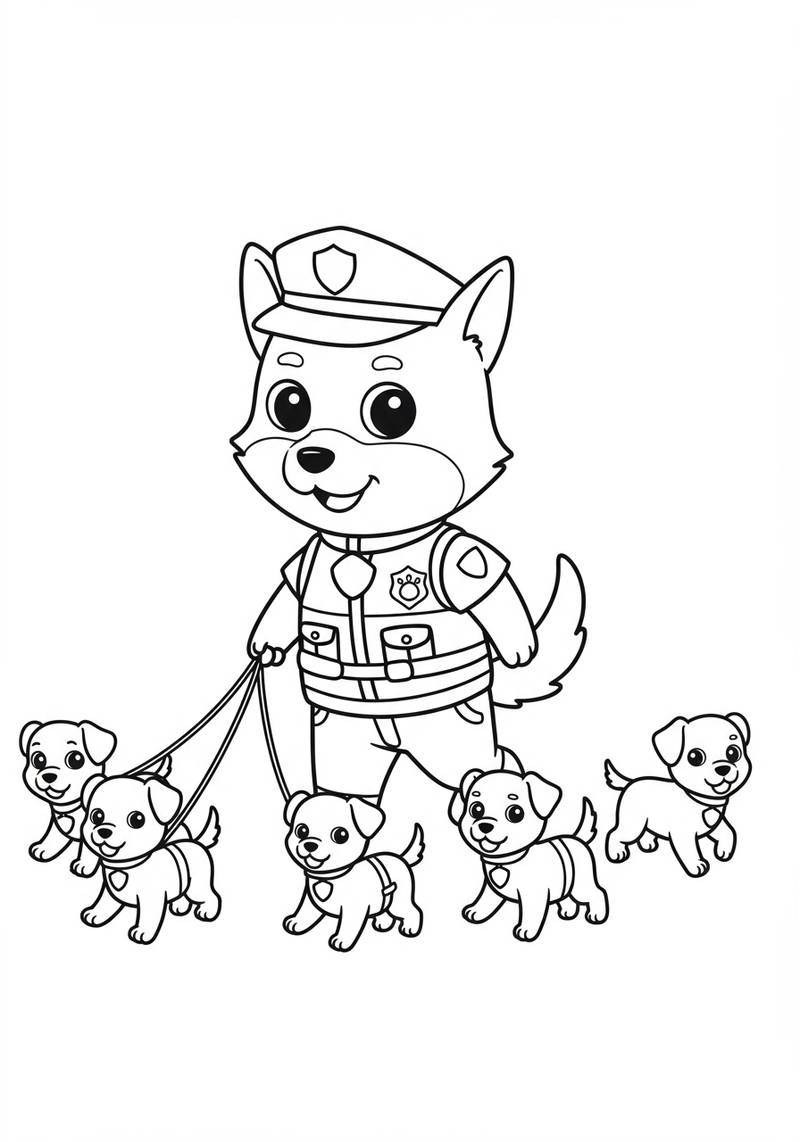 Página para colorear de un adorable cachorro de perro policía vestido como oficial, rodeado de otros cuatro cachorros.