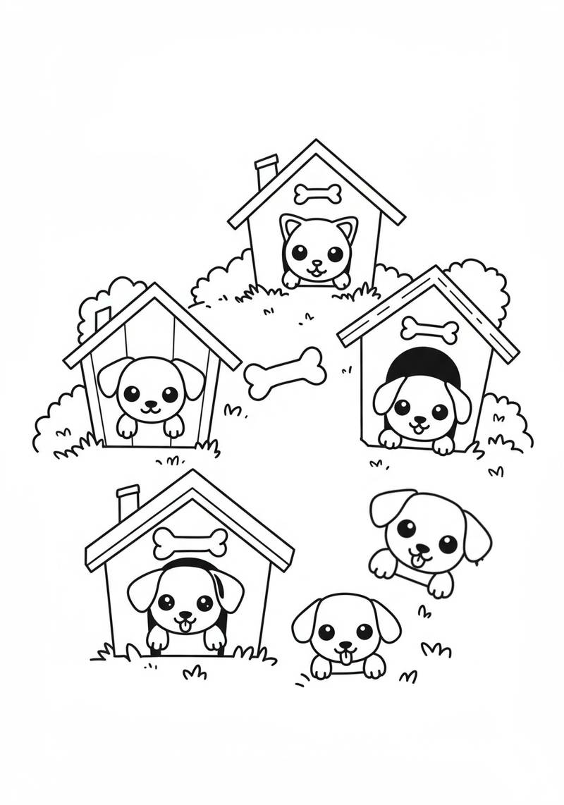 Página para colorear de adorables cachorros con sus casas de perros, algunos asomándose y acostados.