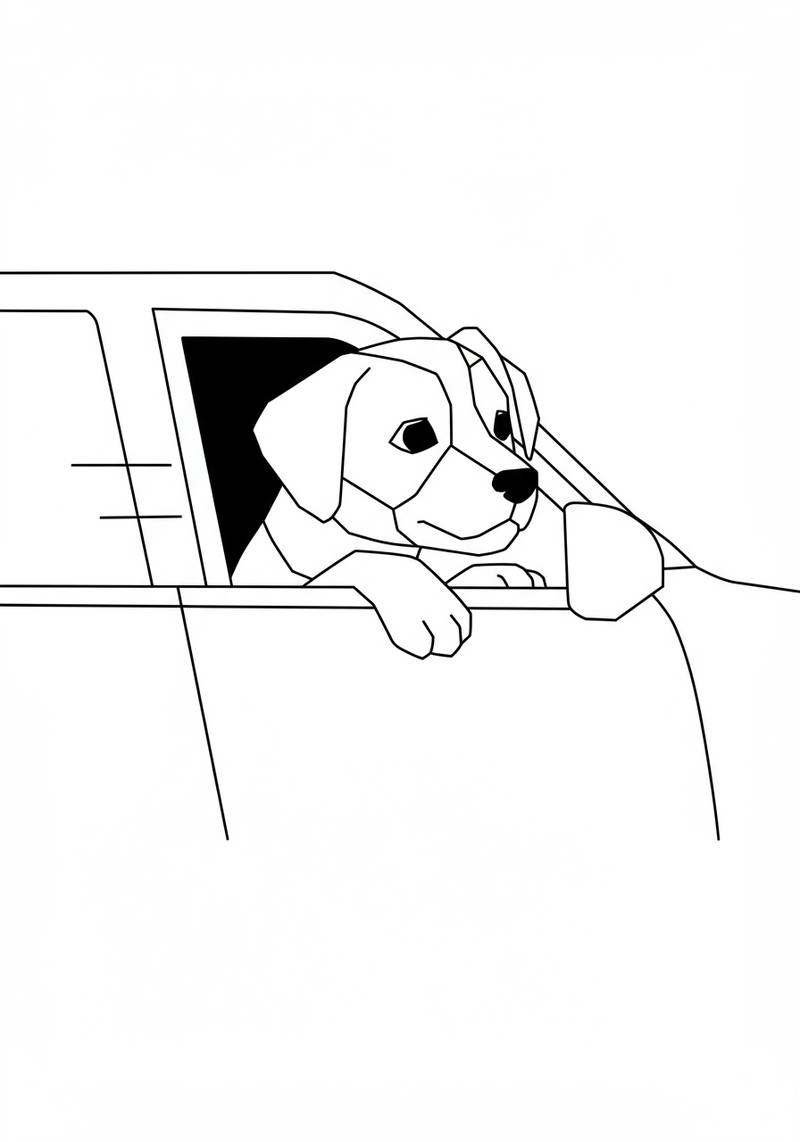 Página para colorear de un cachorro adorable con orejas flojas mirando por la ventana del coche.