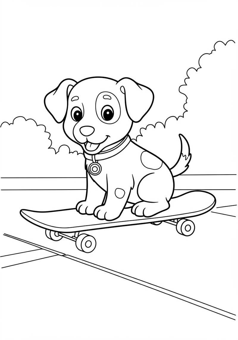 Página para colorear de un cachorro feliz sentado en una patineta al aire libre con árboles y arbustos en el fondo.