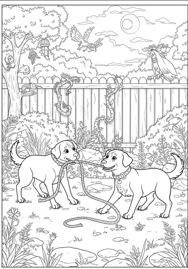 Página para colorear de dos cachorros jugando a la cuerda en un patio con césped, piedras y arbustos.