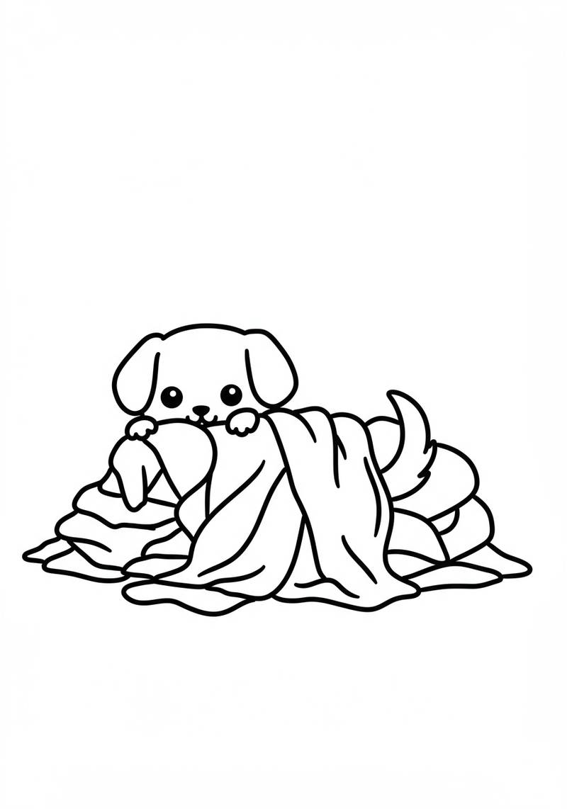 Página para colorear de un adorable cachorro asomándose detrás de una pila de mantas.