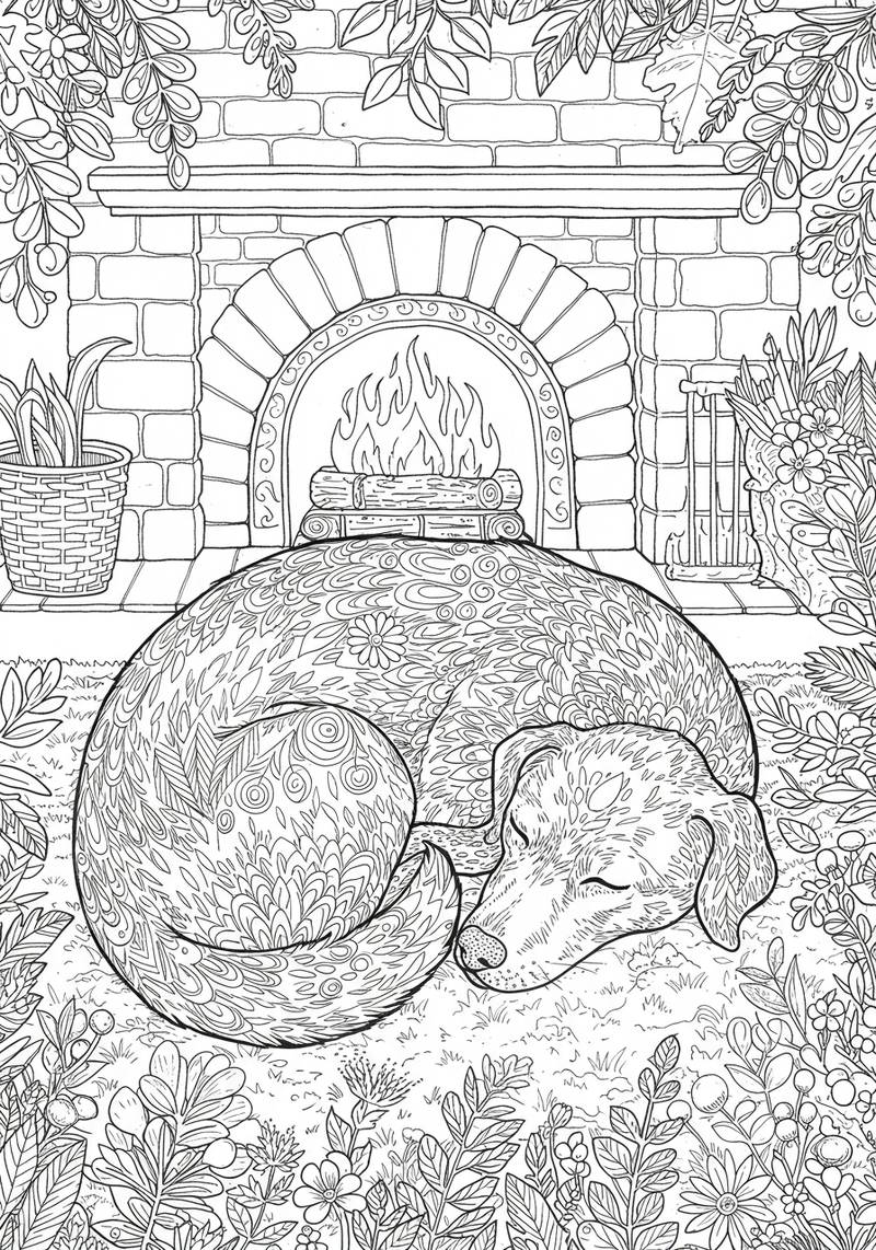 Página para colorear de un perro durmiendo tranquilamente en el suelo frente a una chimenea.